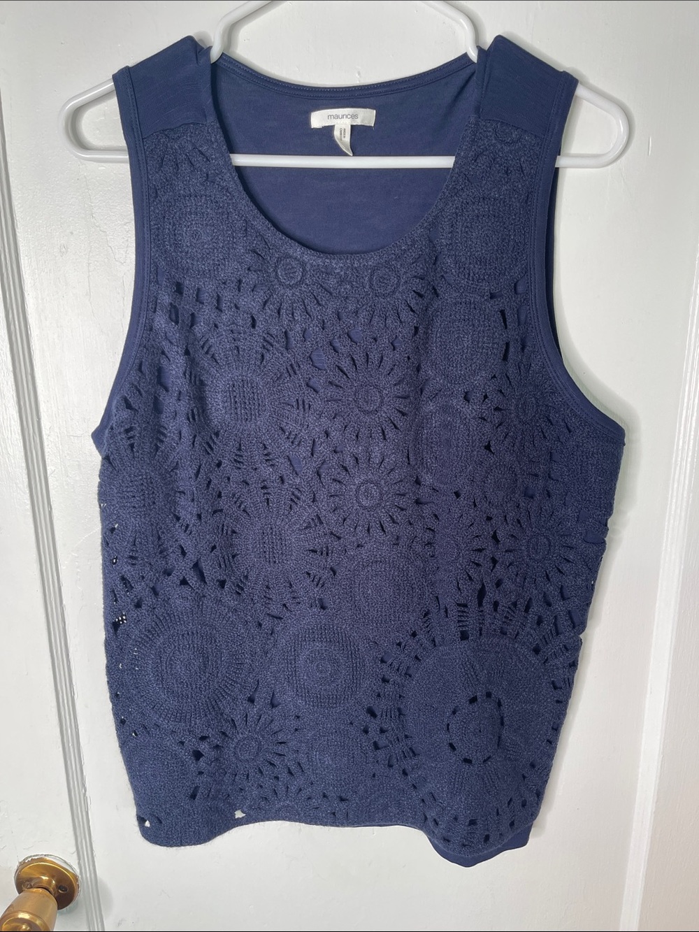 Maurice’s 1X Tank Top Navy Blue Crocheted Front Dressy Professional Office Shell